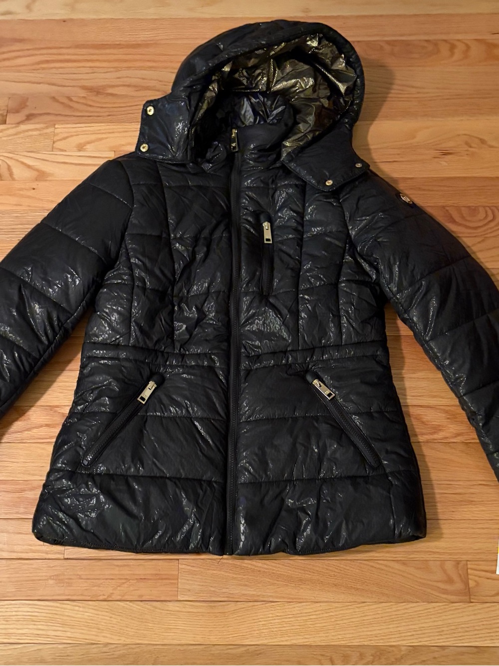 Michael Kors Black Quilted Hooded Puffer with Gold Lining